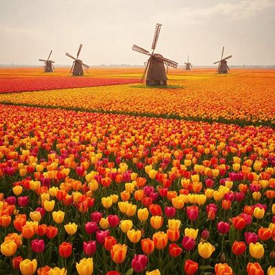The primary subject of the image is a field of flowers, predominantly featuring red and yellow tulips. The setting is a large, open field with a grassy surface. The visual style is a realistic, natural scene. The dominant colors in the image are red and yellow, creating a vibrant and lively atmosphere.